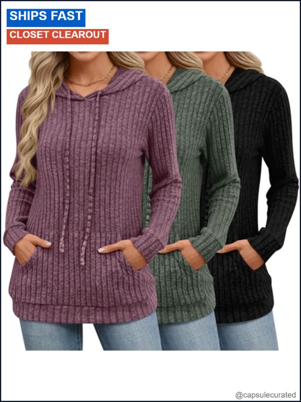 3 Pack Women's Long Sleeve Ribbed Hoodie Sweaters Pullover